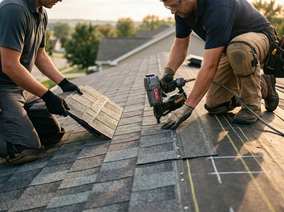 Professional roofer working on a residential roof in Ridgeway